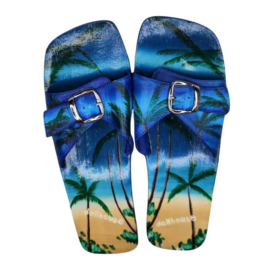 Dollhouse Wooden Wedge Slides Slip-On Sandals Shoes Tropical Leather Size 9